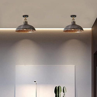 Vintage Semi Flush Ceiling Light in Brushed Silver Color Metal with E27 Lamp Holder Easy Fit for Indoor No Bulb