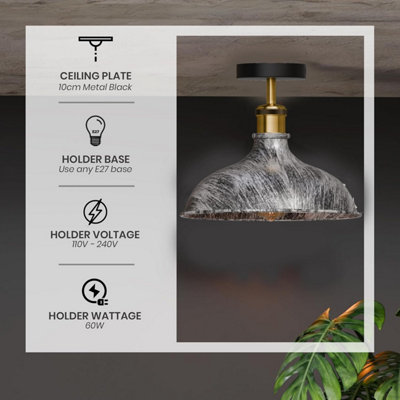 Vintage Semi Flush Ceiling Light in Brushed Silver Color Metal with E27 Lamp Holder Easy Fit for Indoor No Bulb