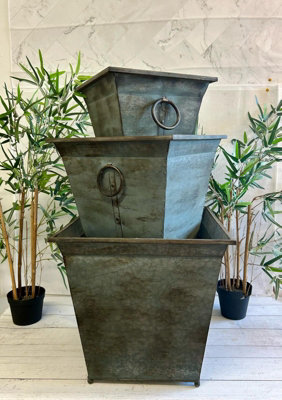Vintage Square Grey Distressed Metal Planters (2039) - Small