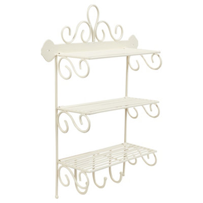 Vintage Style 3 Tier Bathroom Shelf Cream Wall Mounted Storage Unit with Hooks Multi-Purpose Ornate Scrolled Organiser Shelf