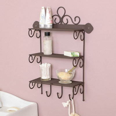 Vintage Style 3 Tier Bathroom Shelf  Wall Mounted Storage Unit with Hooks Multi-Purpose Ornate Scrolled Organiser Shelf