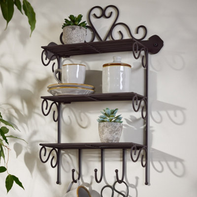 Vintage Style 3 Tier Bathroom Shelf Wall Mounted Storage Unit with Hooks Multi-Purpose Ornate ...