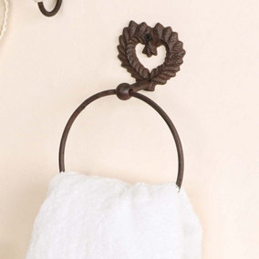Vintage Style Antique Brown Cast Iron Towel Ring Wall Mounted Love Heart Towel Rail Ornate Kitchen Hanging Hook