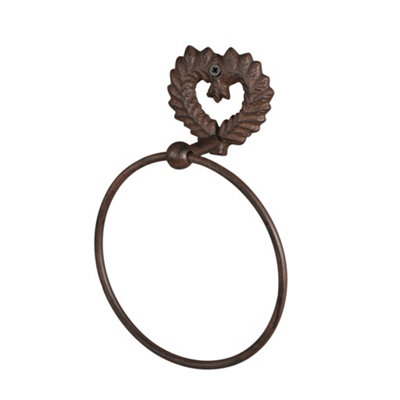 Vintage Style Antique Brown Cast Iron Towel Ring Wall Mounted Love Heart Towel Rail Ornate Kitchen Hanging Hook