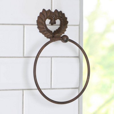Vintage Style Antique Brown Cast Iron Towel Ring Wall Mounted Love Heart Towel Rail Ornate Kitchen Hanging Hook - 3