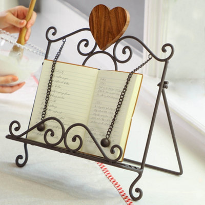 Vintage Style Antique Brown Kitchen Recipe Cookbook Stand with Wooden Recipe Book Holder Heart Gift Idea