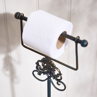 Vintage Style Antique Brown Ornate Scrolled Freestanding Bathroom Tissue Stand Toilet Paper Holder