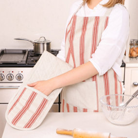 Vintage Style Baker's Stripe Adult Cooking Kitchen Apron with Oven Glove Set