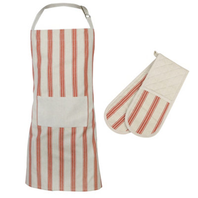 Vintage Style Baker's Stripe Adult Cooking Kitchen Apron with Oven Glove Set