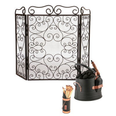 Vintage Style Black Fire Screen Guard H65cm x W85cm with Coal Bucket & Matches Canister
