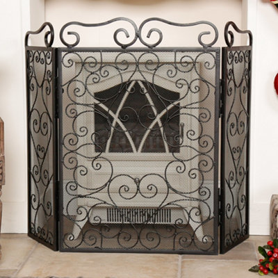 Vintage Style Black Fire Screen Guard H65cm x W85cm with Coal Bucket & Matches Canister