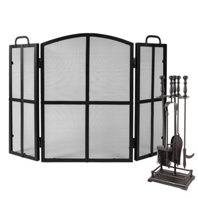 Vintage Style Blacksmith 3-Fold Fire Guard with Fireplace Tools ...