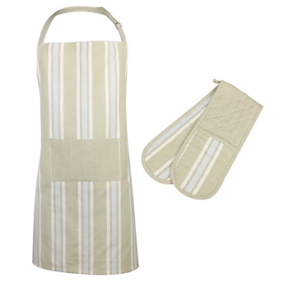 Vintage Style Blue Stripe Adult Cooking Kitchen Apron with Oven Glove Set