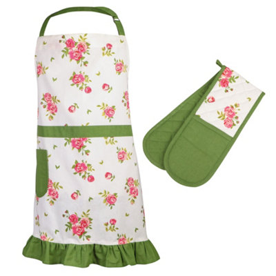 Vintage Style Blush Frilled Edge Adult Cooking Apron with Oven Glove Set