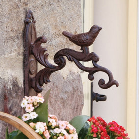 Vintage Style Cast Iron Hanging Bracket Wall Mounted Ornate Scrolled Bird Topped Decorative Garden Wall Basket Bracket