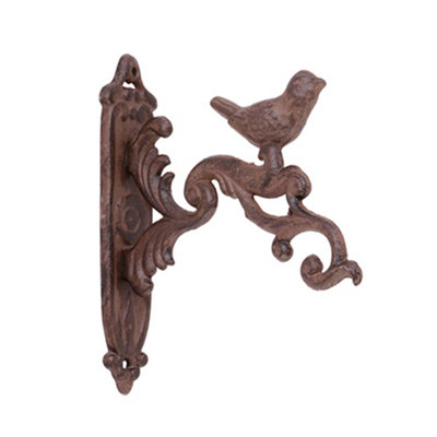 Vintage Style Cast Iron Hanging Bracket Wall Mounted Ornate Scrolled Bird Topped Decorative Garden Wall Basket Bracket