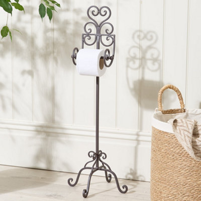 Vintage Style Cast Iron Toilet Roll Holder Ornate Scrolled Antique Brown Freestanding Toilet Paper Dispenser Tissue Stand
