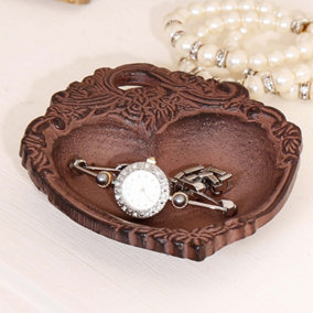 Vintage Style Cast Iron Trinket Dish Brown Love Heart Ring Earring Cufflink Key Dish with Baroque Edge