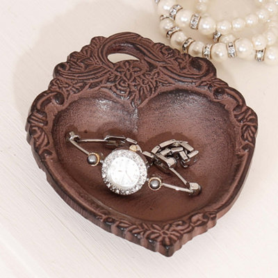 Vintage Style Cast Iron Trinket Dish Brown Love Heart Ring Earring Cufflink Key Dish with Baroque Edge - 3