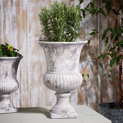 Vintage Style Cement Footed Medium Flower Vase Garden Décor Plant Pot Ourdoor Planter (H) 32cm, (Dia)22cm