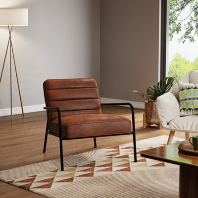 Vintage-Style Chair PU Leather Cushioned Accent Armchair with Metal Frame for Living Room in Tan