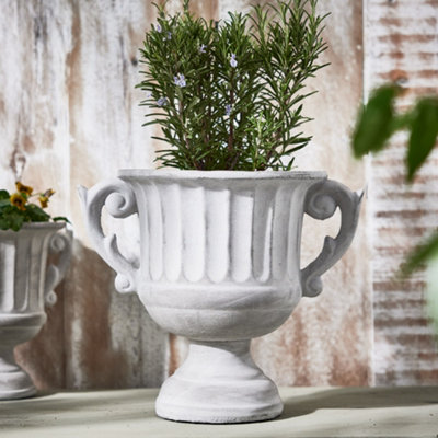 Vintage Style Concrete Grey Large Indoor Outdoor Planter Plant Pot with Baroque Scrolled Handles (H) 25cm, (Dia)30cm