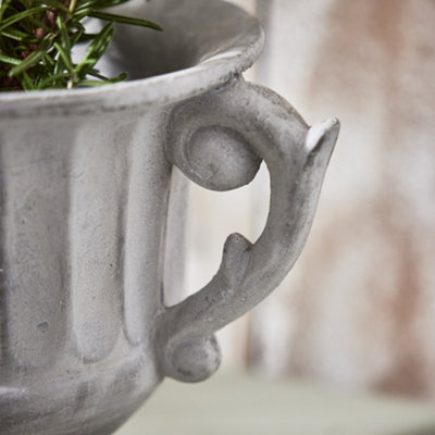 Vintage Style Concrete Grey Large Indoor Outdoor Planter Plant Pot with Baroque Scrolled Handles (H) 25cm, (Dia)30cm