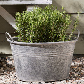 Vintage Style Grey Garden Planter Galvanised Trough Bucket Flower Pot with Handles Outdoor Garden Planter