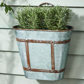 Vintage Style Grey Garden Planter with Handle Weathered Effect Galvanised Trough Planter Flower Pot Outdoor Garden Planter