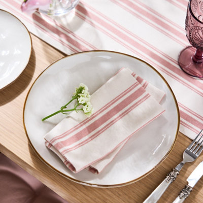 Vintage Style Large Forest Rose Blush Stripe Cotton Table Runner 180cm