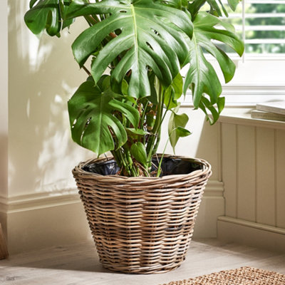 Vintage Style Large Wicker Plant Pot with Plastic Lining Bucket Indoor Planter Rattan Outdoor Garden Planter