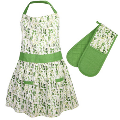 Vintage Style Leaf Print Adult Pinny Cooking Apron with Oven Glove Set