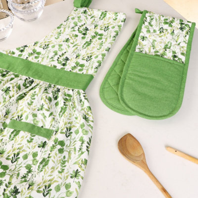Vintage Style Leaf Print Adult Pinny Cooking Apron with Oven Glove Set