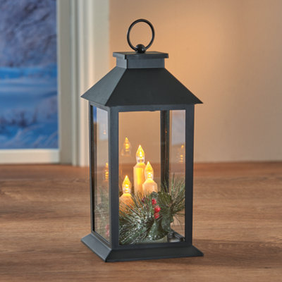 Vintage Style LED Lantern with Flickering Flame Candles & Festive