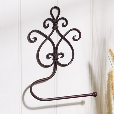 Vintage Style Lyon Ornate Scrolled Brown Iron Wall Toilet Roll Holder