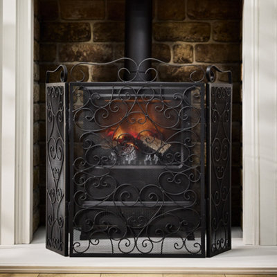 Vintage Style Matte Black Fire Screen 3 Folding  Fire Guard