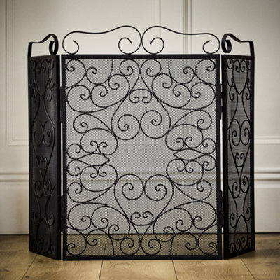 Vintage Style Matte Black Fire Screen 3 Folding  Fire Guard - 3