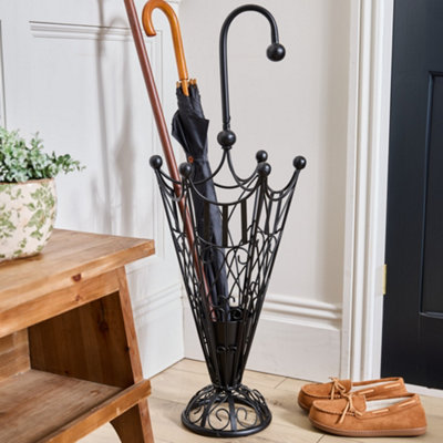 Vintage Style Matte Black Metal Large Ornate Scrolled Freestanding Umbrella Stand