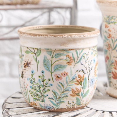 Vintage Style Medium Floral Distressed Indoor Flower Pot Outdoor Garden Planter