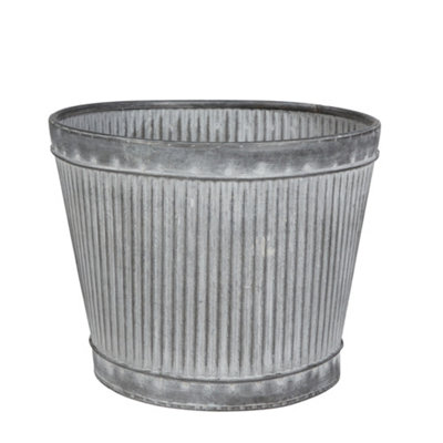 Vintage Style Rippled Grey Garden Planter Galvanised Trough Bucket Flower Pot Embossed Round Outdoor Garden Planter
