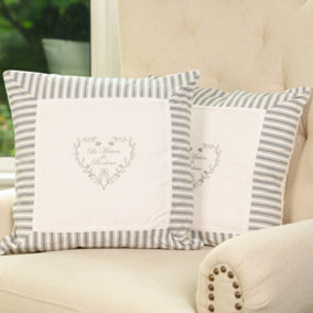 Vintage Style Set of 2 Grey Striped Heart Design Indoor Christmas Sofa & Chair Cushion