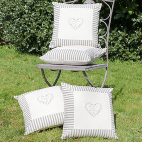 Vintage Style Set of 4 Grey Striped Heart Design Indoor Christmas Sofa & Chair Cushion
