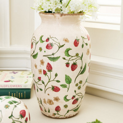 Vintage Style Strawberry Blossoms Spring Flower Pot Vase