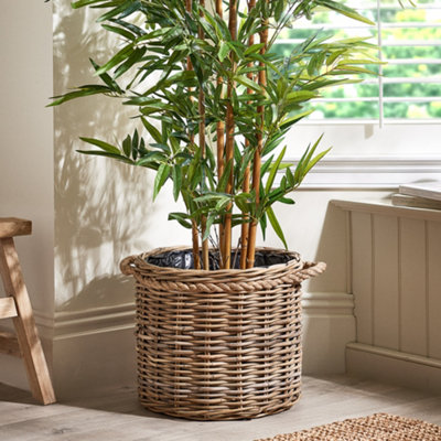Vintage Style Wicker Plant Pot with Handles Plastic Lined Bucket Planter Rattan Indoor Outdoor Flower Pot Garden Planter