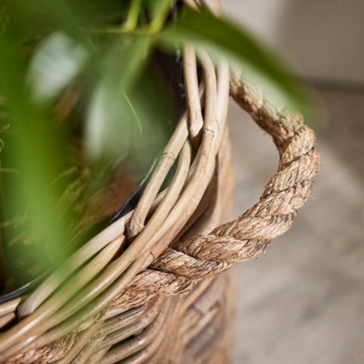 Vintage Style Wicker Plant Pot with Handles Plastic Lined Bucket Planter Rattan Indoor Outdoor Flower Pot Garden Planter