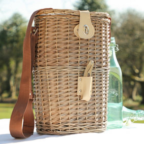 Vintage Wicker Two Bottle Outdoor Garden Picnic Carry Basket with Strap