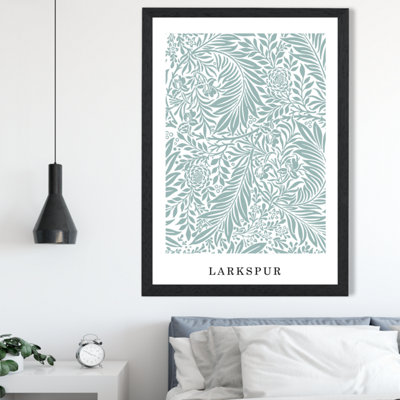 Vintage William Morris Larkspur in Mint and White  / Black Frame / SIZE: A2