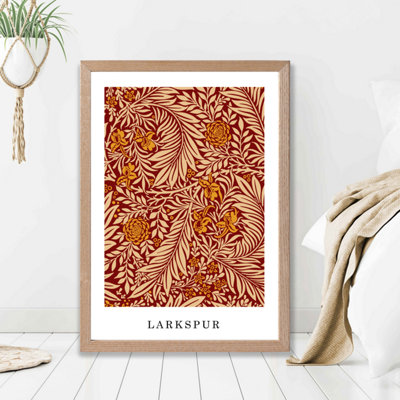 Vintage William Morris Larkspur in Orange and Beige  / Oak Frame / SIZE: A2
