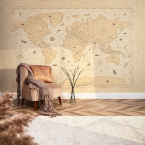 Vintage World Map Mural In Natural (300cm x 240cm)