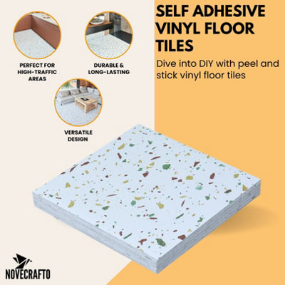 Vinyl Floor Tiles Self Adhesive - 30 Pack Covers 67.4 sqft (6.27 sqm) - Square Tile Size (45.7 x 45.7cm) Off-White Terrazzo Effect